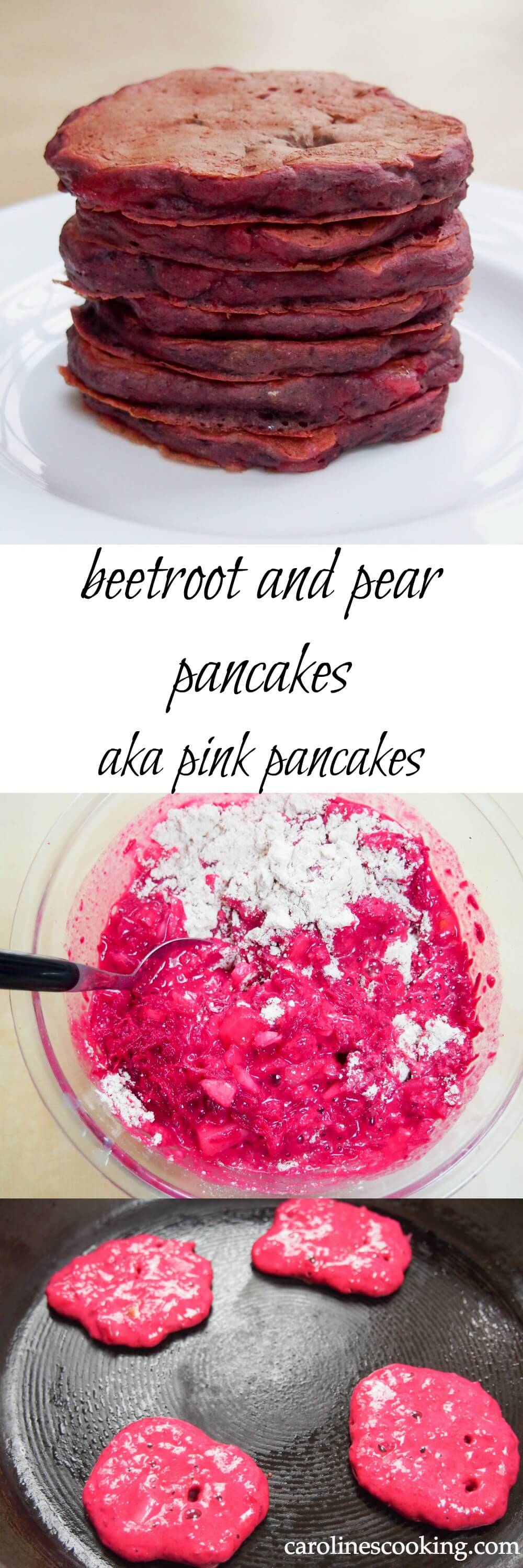 These beetroot and pear pancakes are lightly spiced and naturally sweetened, making an unusual colored but tasty breakfast or brunch.