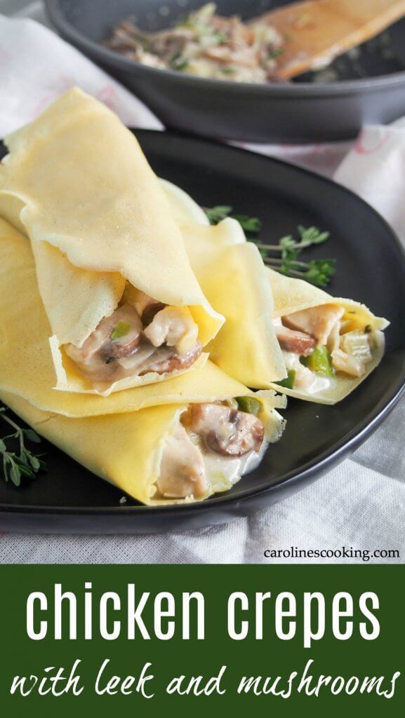 These turkey or chicken crepes with leek and mushrooms are a great way to use leftover meat in a tasty comforting dish. They're great to make with Thanksgiving leftovers, or if you have a roast chicken to repurpose in a very different meal. You could also use the sauce for other dishes like as a filling for baked potatoes, or over rice. Creamy, cheesy and easy to make, too! #leftovers #turkey #chicken #thanksgiving #christmas