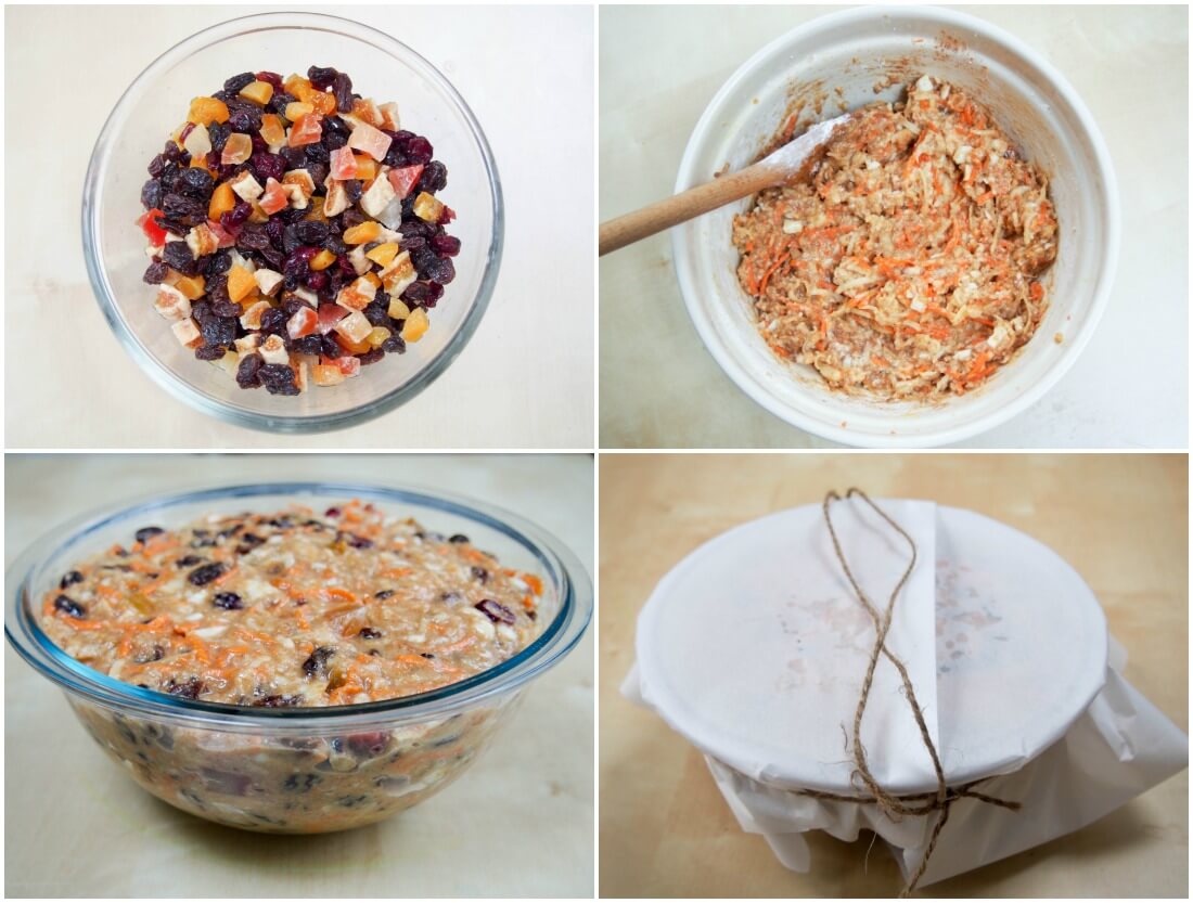 stages of soaking fruit, mixing Christmas pudding and preparing it for cooking