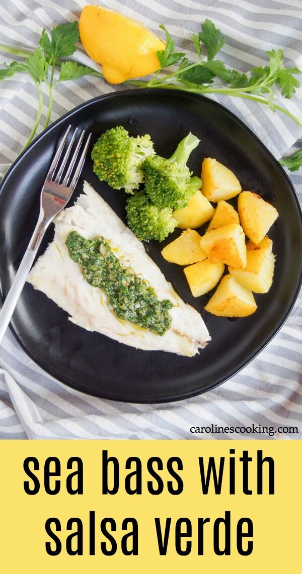 Pan fried sea bass with salsa verde is an easy, quick but delicious dish. Impressive enough for a special occasion but equally ideal for a quick mid-week dinner. #seafood #seabass #30minutemeal #easyrecipe #salsaverde #sauceforfish