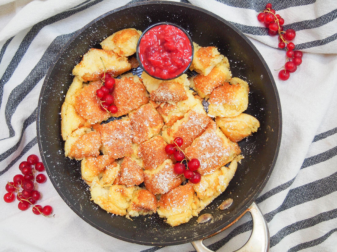 Kaiserschmarrn (Austrian torn pancakes) with compote on the side