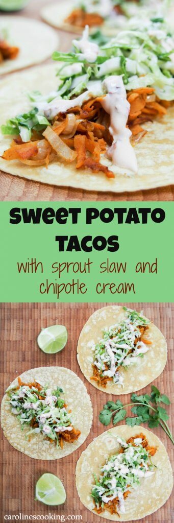 These sweet potato tacos are easy to make & thoroughly delicious.  Gently spiced sweet potato, a crunchy, zesty slaw & a kick from chipotle cream.  Vegetarian #taco #vegetarian #sweetpotato