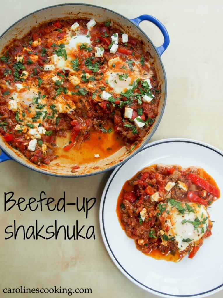 beefed-up shakshuka (shakshuka with meat) - a delicious, hearty dish with a tomato, pepper and onion base, lots of herbs and topped with eggs and feta. Makes a delicious brunch/lunch or enjoy it for 'brinner'!
