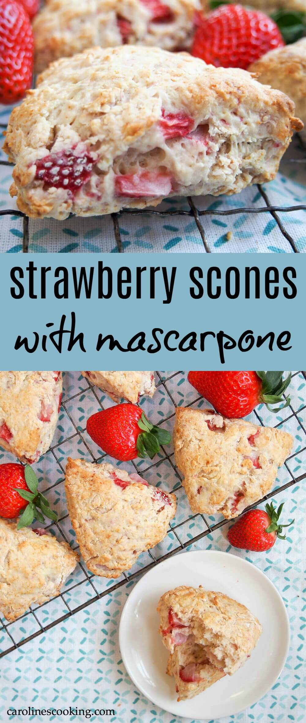 These strawberry scones are made with mascarpone and a double doze of strawberries for a wonderfully soft, fruity mouthful in every bite. Easy to make, they're a wonderful snack. #scone #strawberry #baking These strawberry scones are made with mascarpone and a double doze of strawberries for a wonderfully soft, fruity mouthful in every bite. Easy to make, they're a wonderful snack. #scone #strawberry #baking