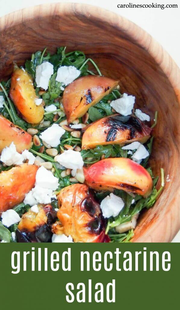 This grilled nectarine salad is a delicious combination of sweet fruit, punchy arugula, crunchy fennel and pine nuts and meltingly tangy goat's cheese. Easy to make and a delicious change to your usual sides.