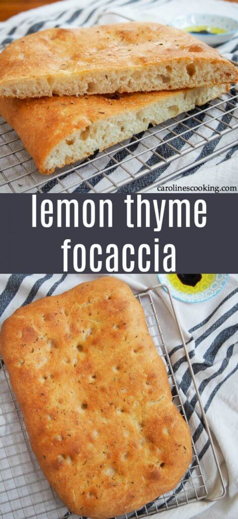 With a wonderful flavor, plenty of crisp edges, and a soft crumb inside, this lemon thyme focaccia is such a delicious, versatile homemade bread! #focaccia #homemadebread #baking #italianbread