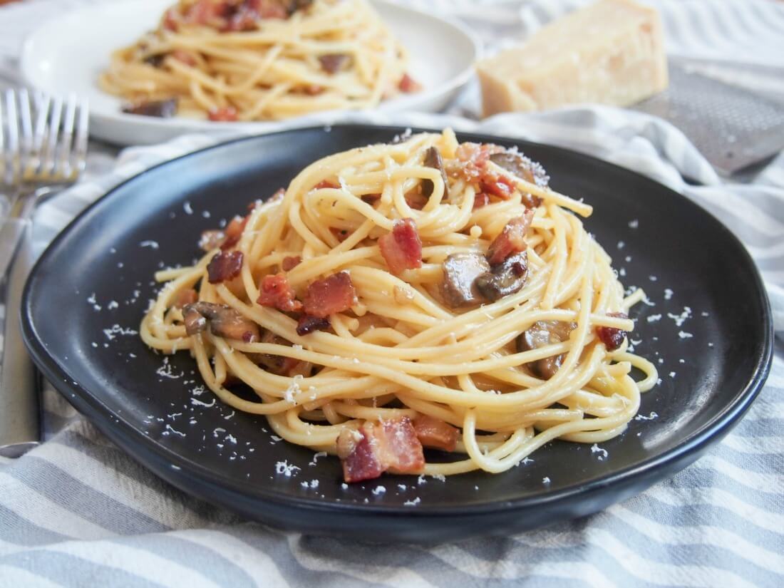 Spaghetti alla carbonara with mushrooms - Caroline's Cooking