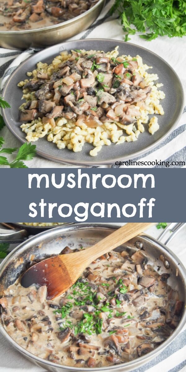 This mushroom stroganoff is easy to make and hearty enough to fill the most dedicated carnivores and vegetarians alike.  Tasty, quick to make and comfortable.  #mushrooms #vegetarian #30minutemeal