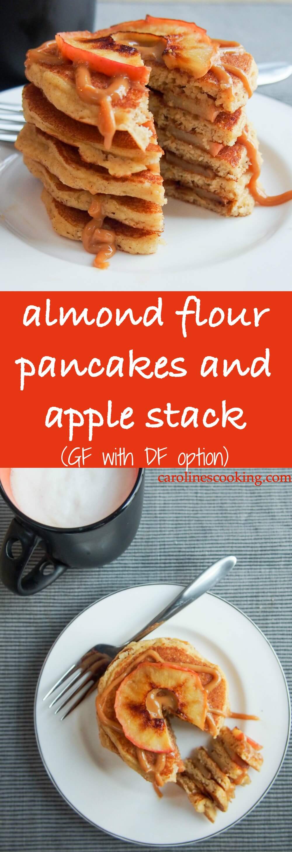Almond flour pancakes and apple stack (GF with DF option) - Almond flour pancakes are easy to make and very light.  With a tasty almond flavor, they're gluten free and dairy free.  Enjoy with fruit, syrup and more, they're a taste breakfast.