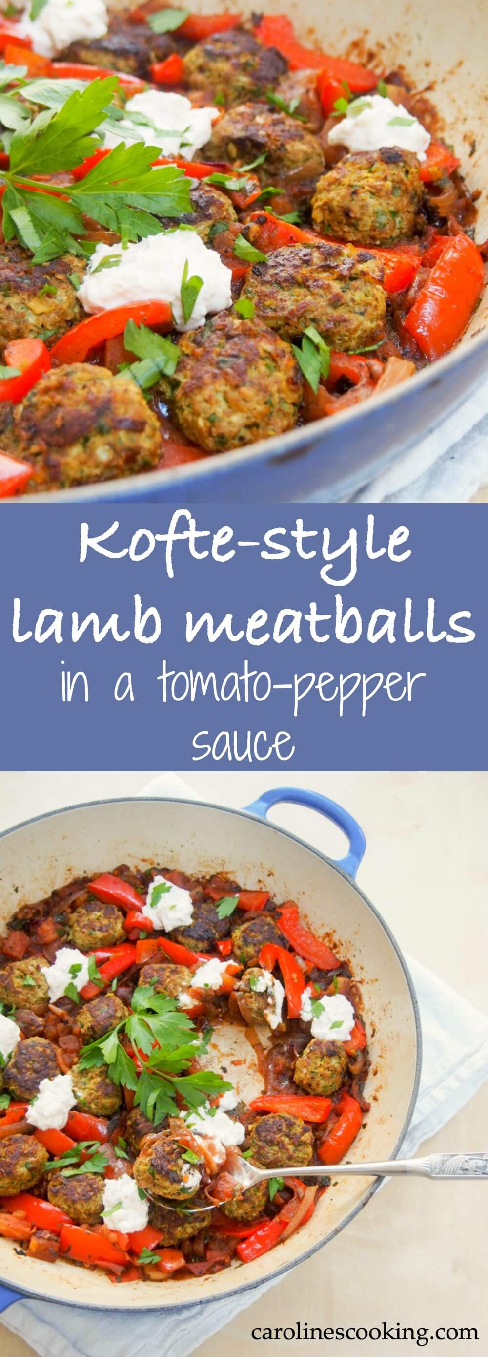 These kofte-style lamb meatballs are filled with delicious herbs, spices & pine nuts, then made better served in a tomato-pepper sauce with a feta-yogurt topping.  They're great for brunch, lunch or dinner.  Tasty comfort food!