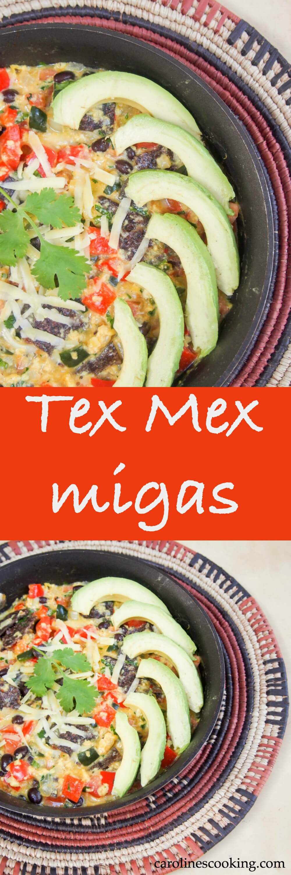 Tex Mex migas are a delicious, easy dish made with eggs, corn tortillas, cheese & salsa ingredients, here freshened up with cilantro, black beans & peppers.  It's typically serves for breakfast but is a delicious meal anytime.  East to make and so comfortable.  #texmex #migas #brunch #eggs #vegetarian