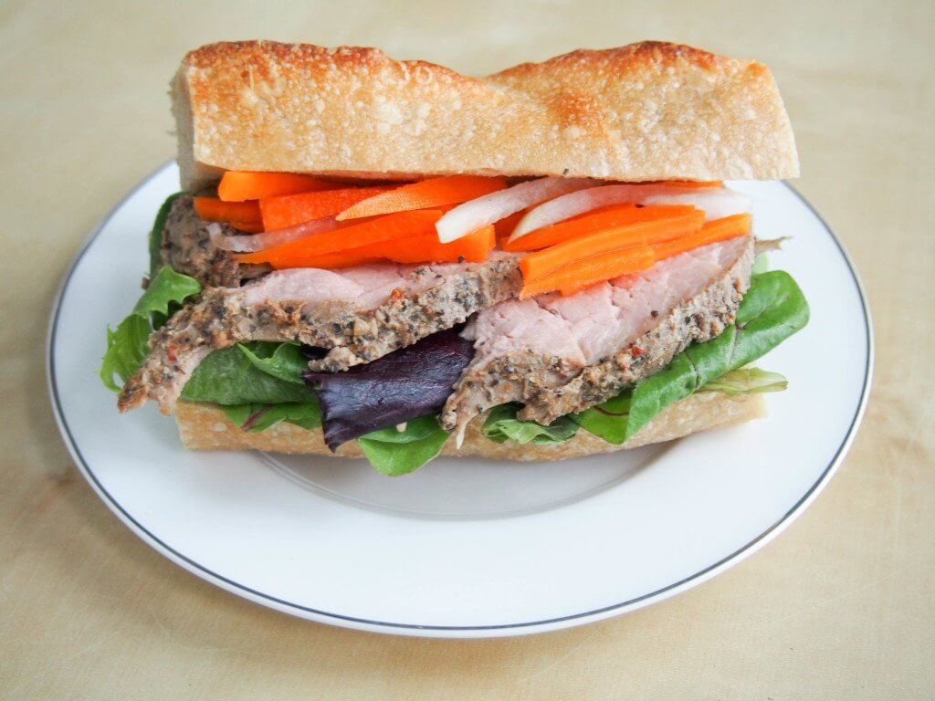 bahn mi sandwich from Vietnamese-style pork and rice bowl leftovers