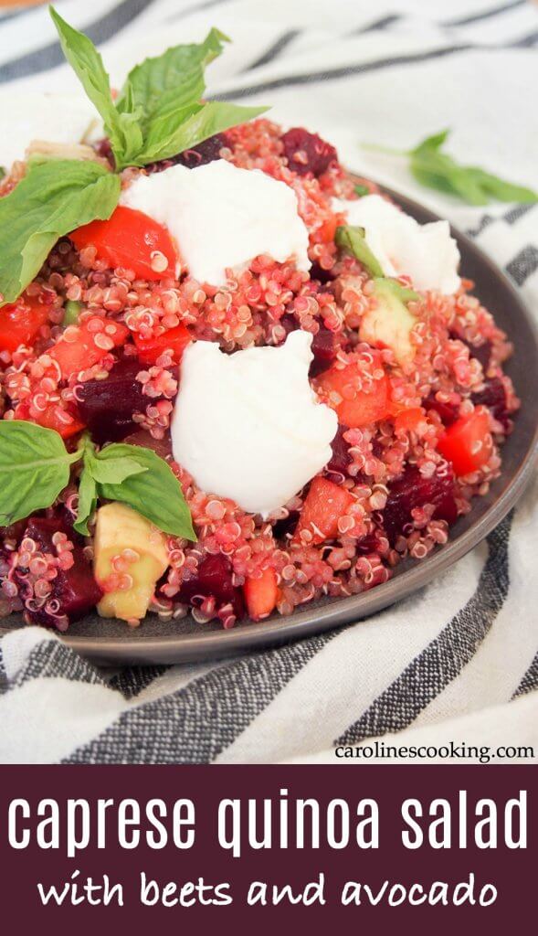 This caprese quinoa salad with beets and avocado is a delicious, light & healthy salad that's perfect for a picnic, lunchbox or as a side to many a meal. It's easy to make and just what your summer menu needs. #quinoasalad #salad #summerrecipe