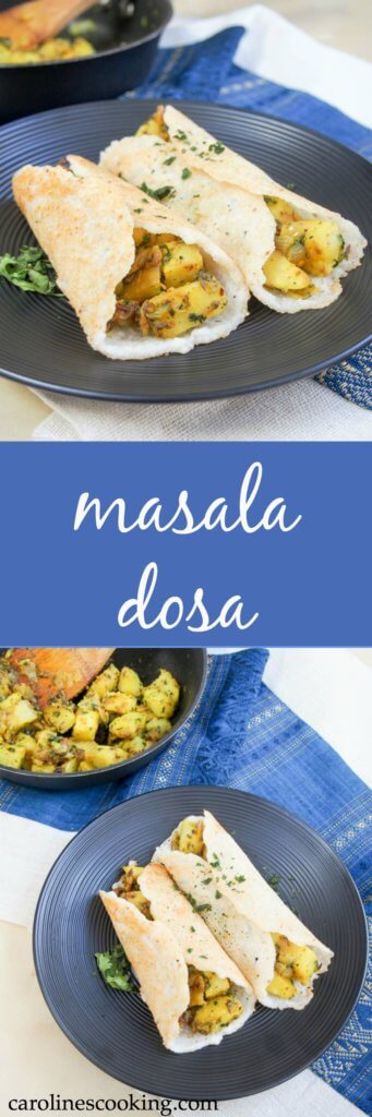 masala dosa is a traditional South Indian savory pancake with a spiced potato filling.  Light and crisp, they're a delicious snack or lunch.  Gluten-free, vegetarian & vegan.