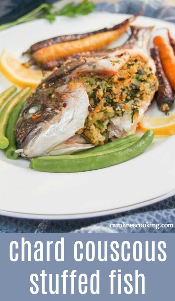 This chard couscous stuffed fish is a delicious take on baked whole fish. With a lemony undertone, this dish is flavorful and impressive looking too. #bakedwholefish #stuffedfish #couscousstuffing