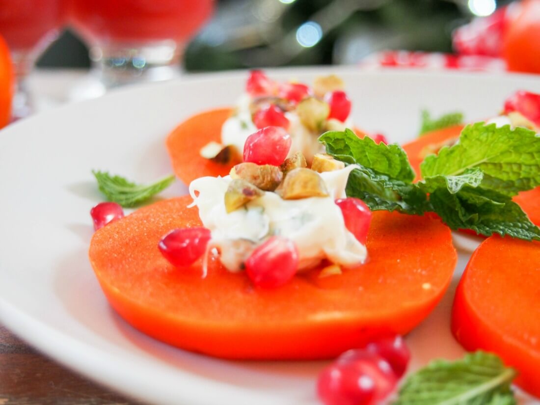 Easy persimmon appetizer with minted mascarpone - Caroline’s Cooking