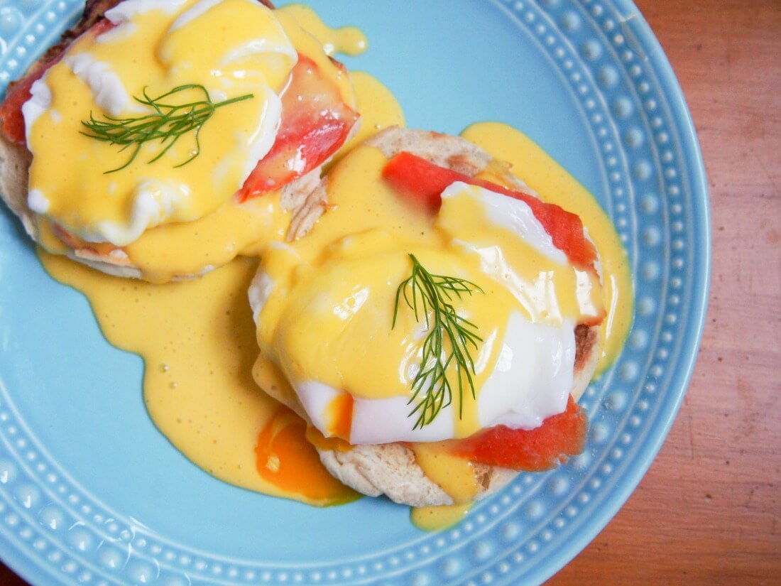 Overhead view of plate of eggs Royale (smoked salmon eggs Benedict)