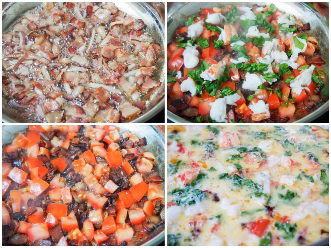 collage showing steps making omelet - cook bacon, add other filling ingredients then egg
