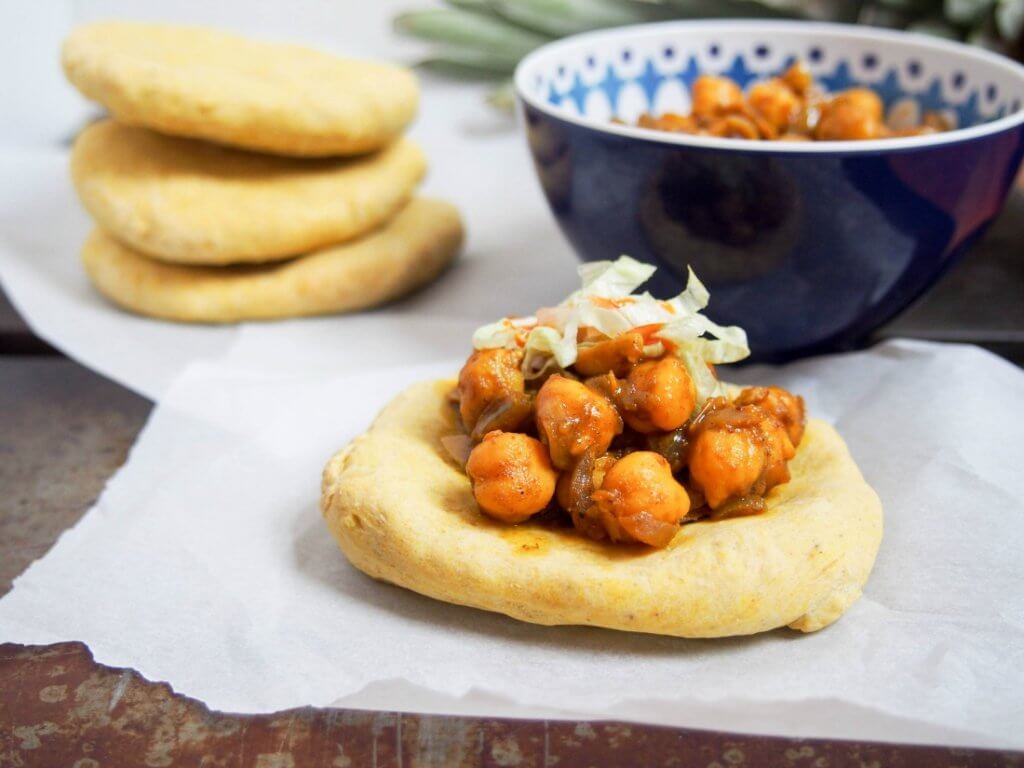Trinidadian doubles (chickpea curry on spiced flatbread) Caroline's