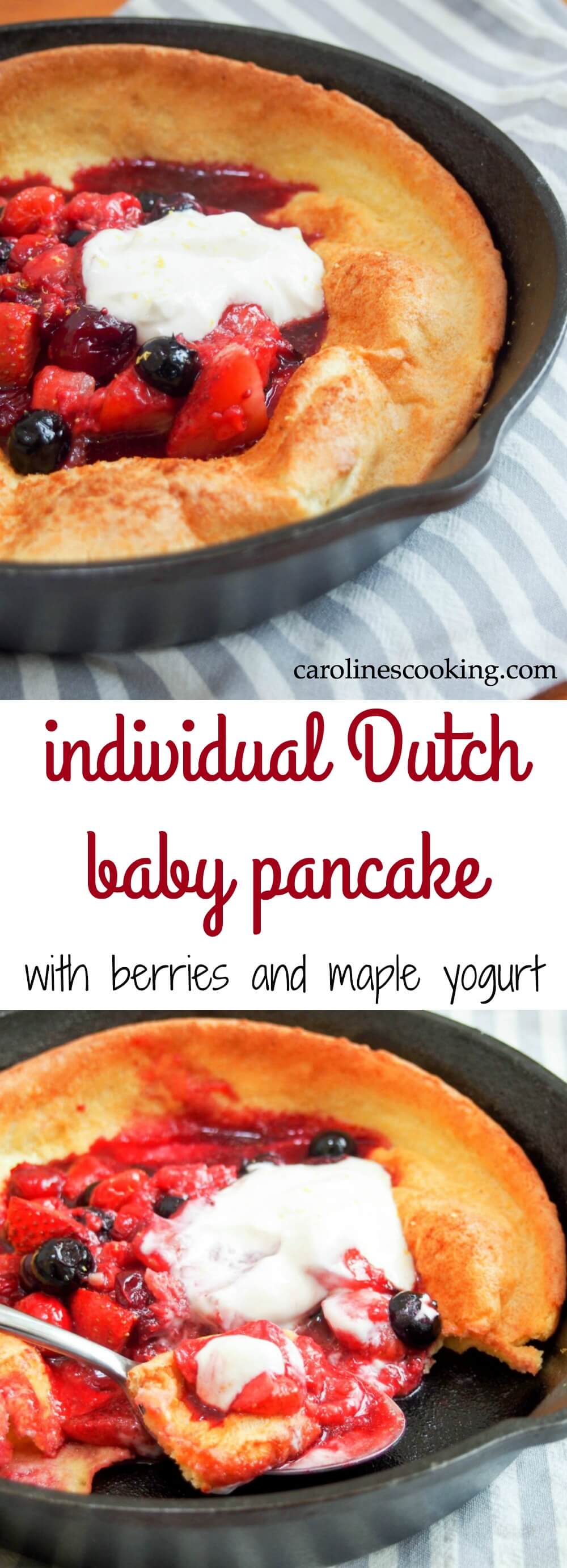 Healthy and quick enough for breakfast or brunch, sweet enough for dessert, this individual Dutch baby pancake with berries & maple yogurt is easy & delicious.  No refined sugar too.