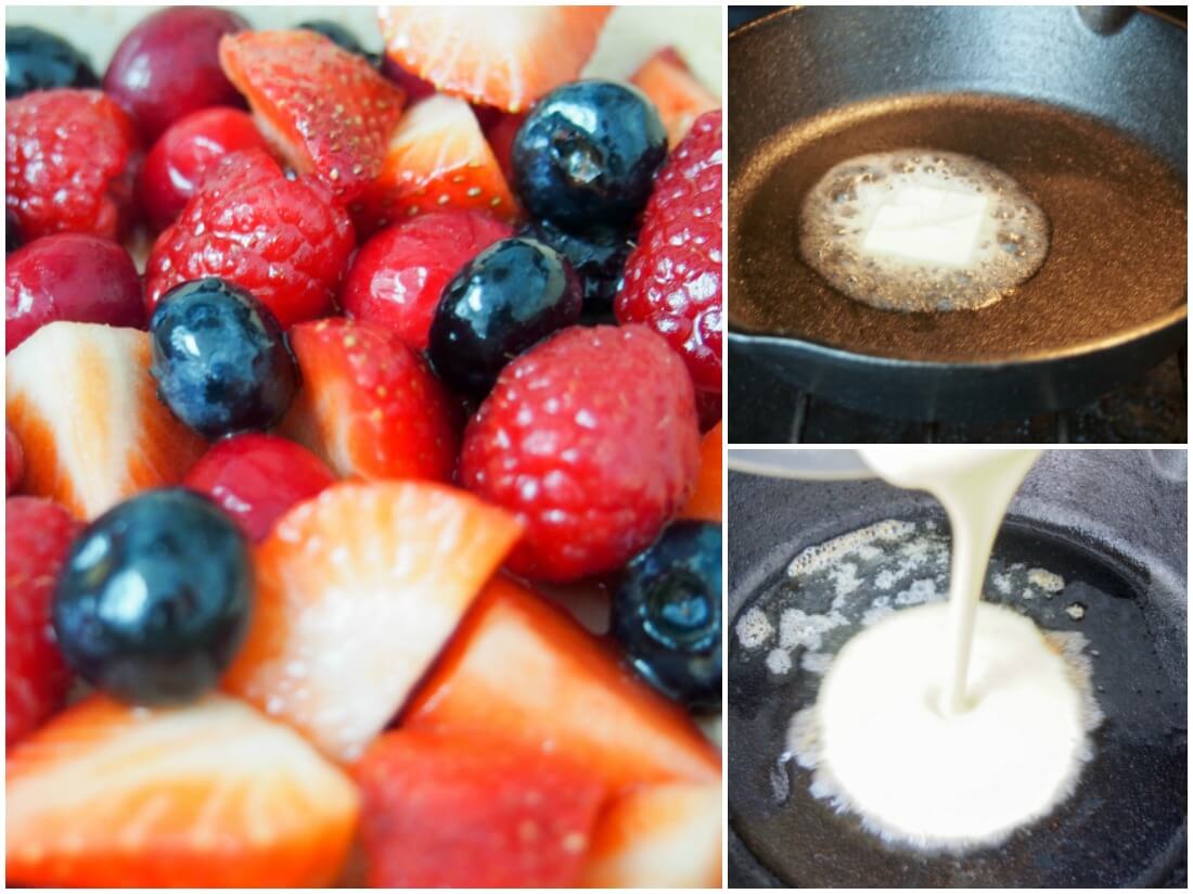 making individual Dutch baby pancakes - preparing berries to roast, warming butter and pouring batter into skillet