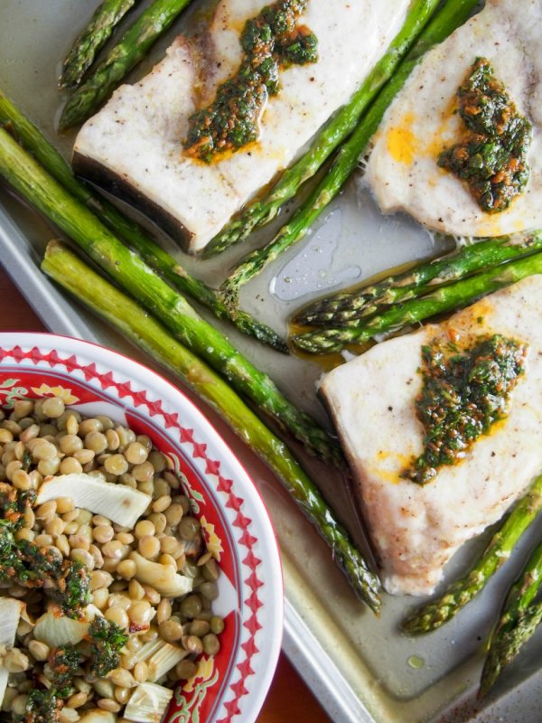 Baked swordfish and asparagus with lentils and chermoula Caroline's