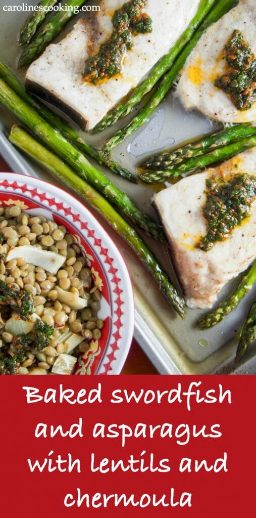 Baked swordfish and asparagus with lentils and chermoula