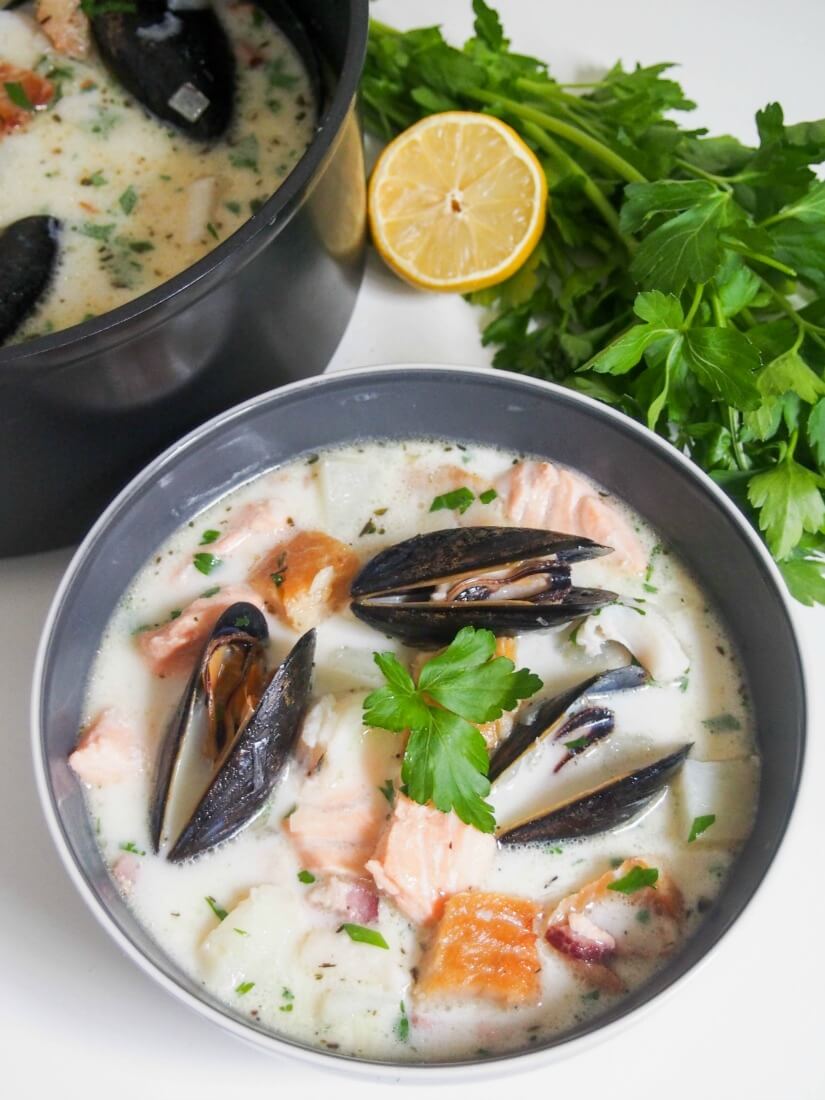 Irish fish chowder is a delicious mix of smoked and fresh fish in a light, gently creamy broth. Full of flavor, easy to make and perfect for lunch. 