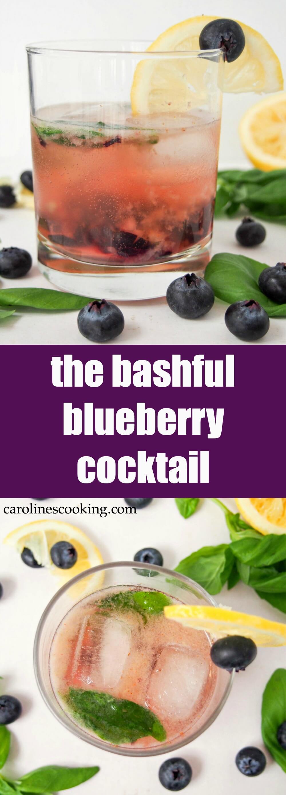 bashful blueberry cocktail This bashful blueberry cocktail is a delicious mix of blueberries, lemon, vermouth, whiskey and a hint of basil. Topped with soda, it's a refreshing drink perfect for summer sipping. Easy to make & easy to enjoy!