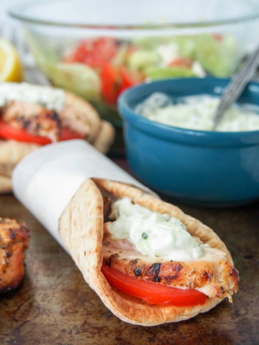 grilled chicken gyros with tzatziki - delicious marinated chicken with creamy tzatziki in pitta is so easy and delicious