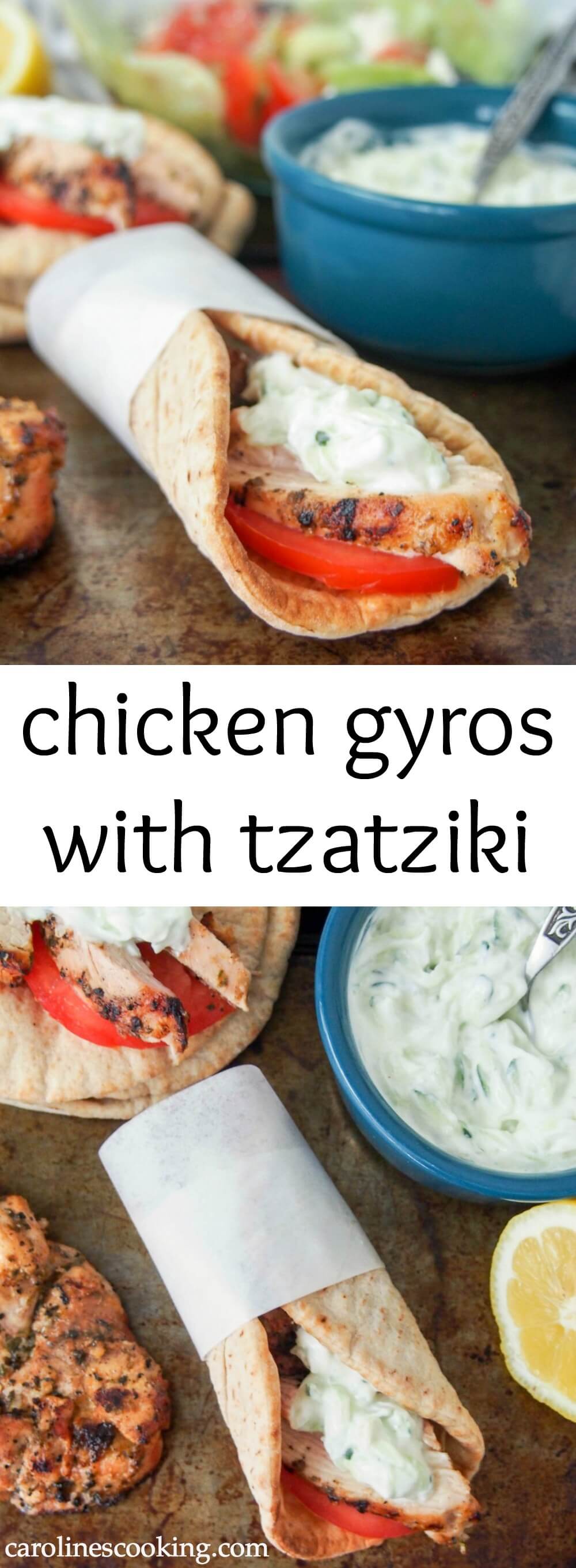 Chicken gyros combine tender, marinated chicken grilled to perfection, with creamy tzatziki and tomato wrapped in pitta bread. It's an easy meal all will enjoy. 