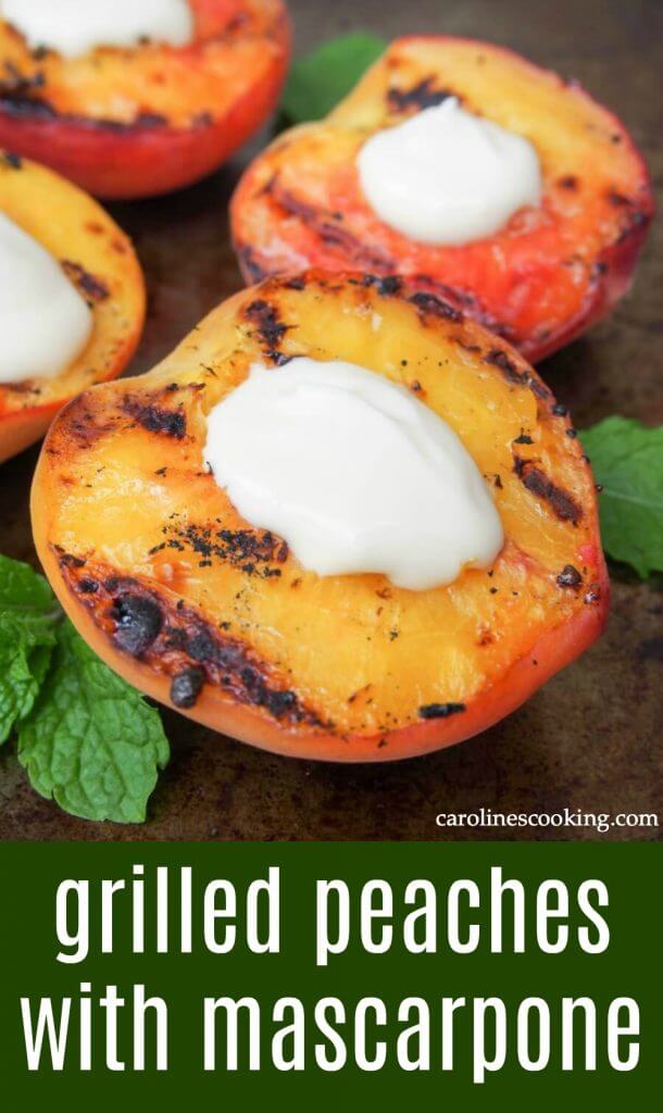 Sweet grilled peaches, with that hint of grill flavor and intensely 'peachy', topped with a smooth gently maple-sweetened mascarpone. So easy and so good. #peach #dessert #summer