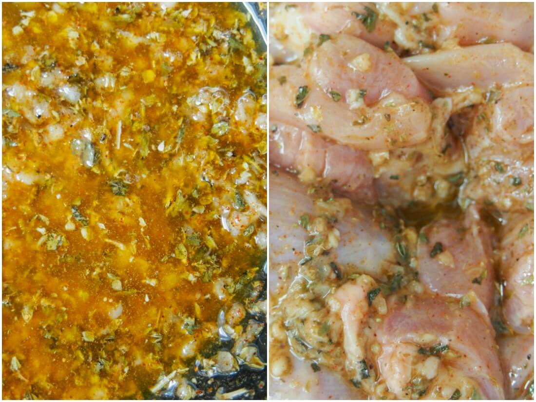 marinadng chicken for grilled chicken gyros with tzatziki