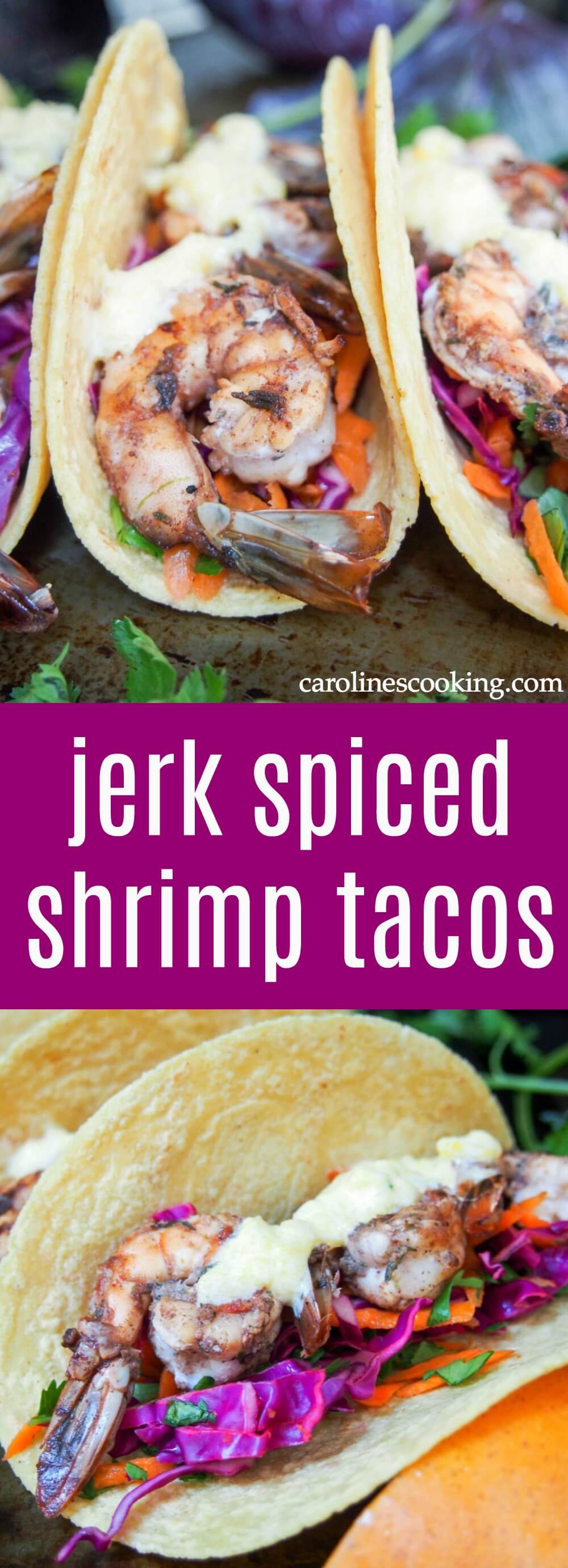 Jerk spiced shrimp tacos. Spice marinated shrimp, a crunchy slaw and a sweet and creamy mango crema to top it all off - these jerk spiced shrimp tacos are so good (& easy too).