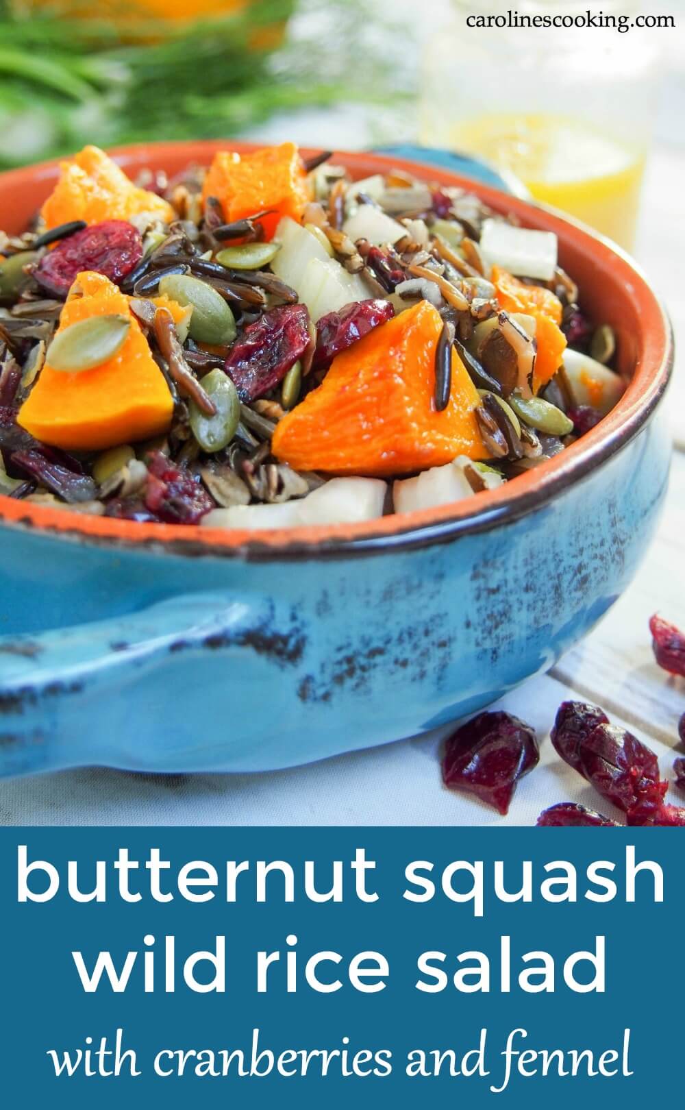 Easy to make, colorful and flavorful, this butternut squash wild rice salad with cranberries and fennel would be perfect for a potluck, on a Holiday table or in your lunch box.  It's perfect for making ahead, not too heavy but filling enough to make a light meal.  So many possibilities to enjoy!  #potluck #salad #thanksgiving #vegetarian #wildrice