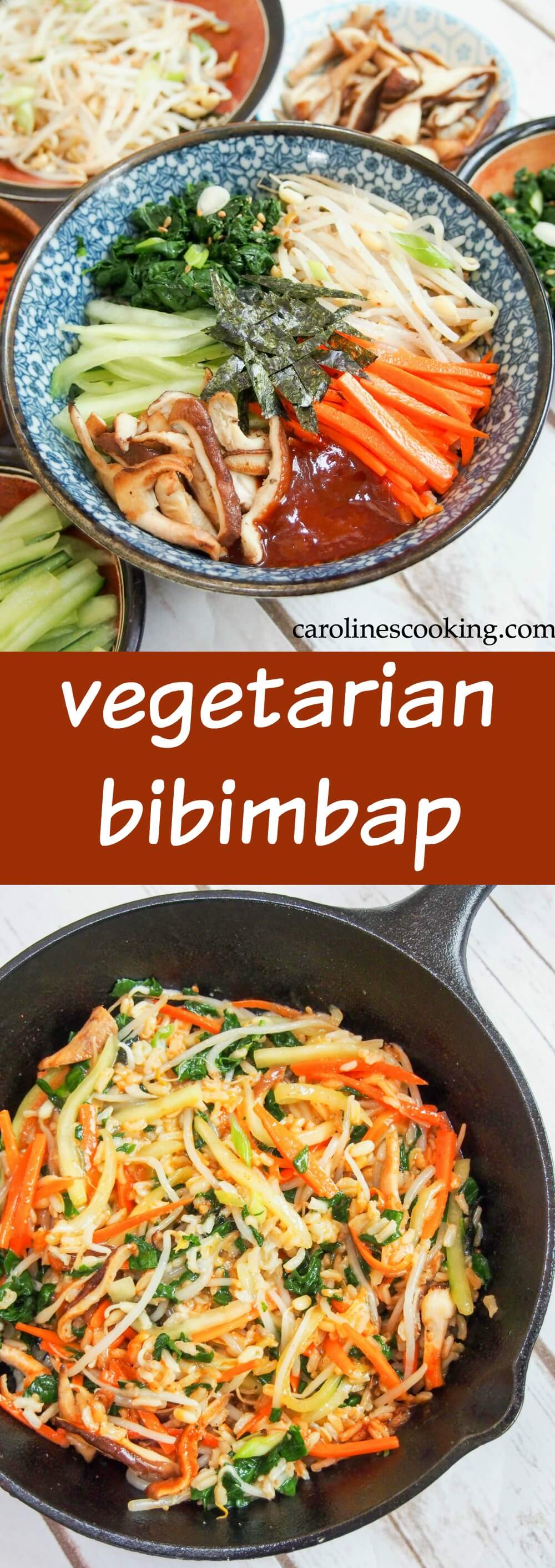 Vegetarian bibimbap: All too often, comfort food and healthy don't go together, but this vegetarian bibimbap is an exception.  It's a delicious bowl of goodness, packed with a rainbow of vegetables and here made with brown rice.  So tasty!  #vegetarian #koreanfood #bibimbap