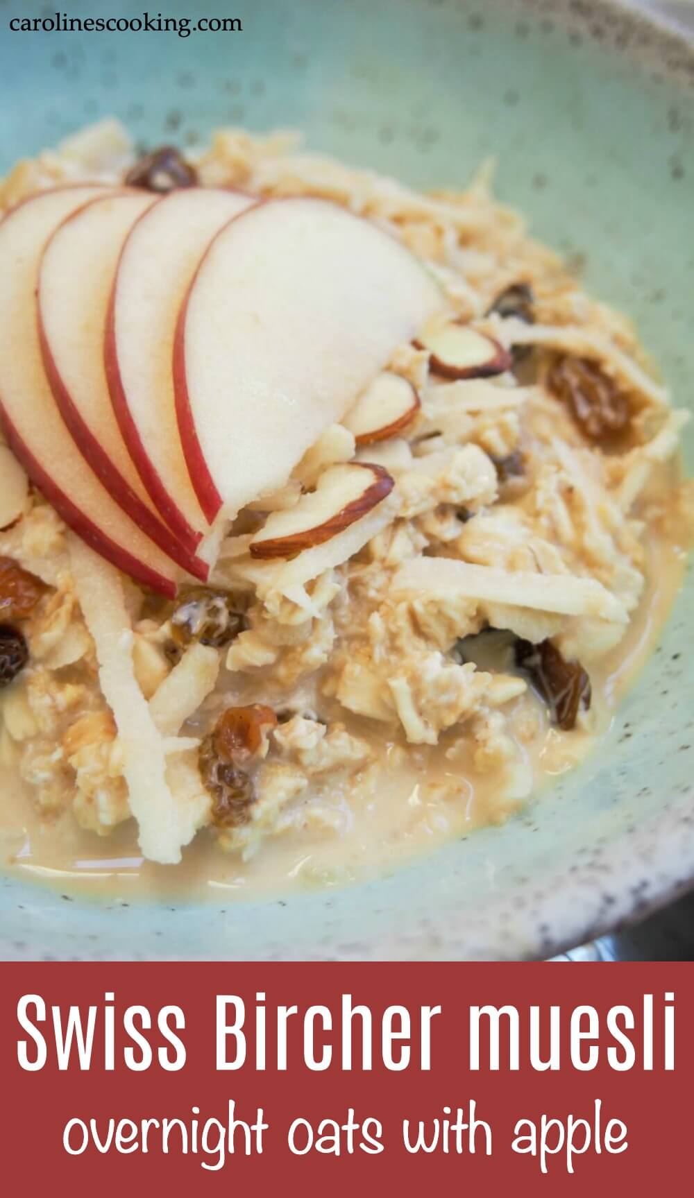 This delicious Swiss bircher muesli (the original overnight oats) makes a great start to your day - fresh, healthy and a lovely balance of smoothness & crunch.  It's quick and easy to make, and is easily made dairy-free.  #breakfast #easybreakfast #breakfastrecipe #overnightoats #apple