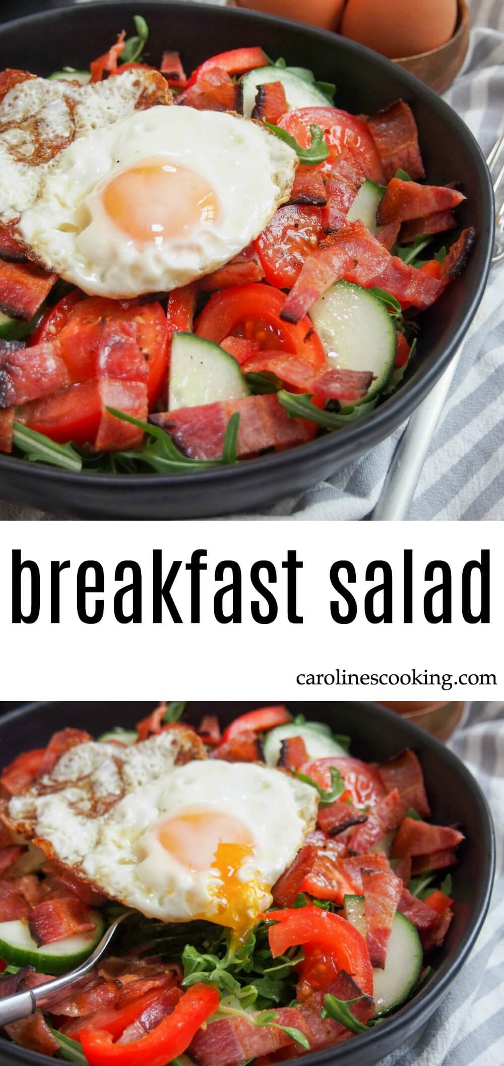 This breakfast salad is a tasty combination of a light salad, bacon and egg.  Easily customized and a great anytime meal.  It doesn't take long to prepare and while the basic recipe is pretty simple, there are lots of ideas to make it a bit different.  #ad #brunchweek #salad #breakfastfordinner #bacon #brunch