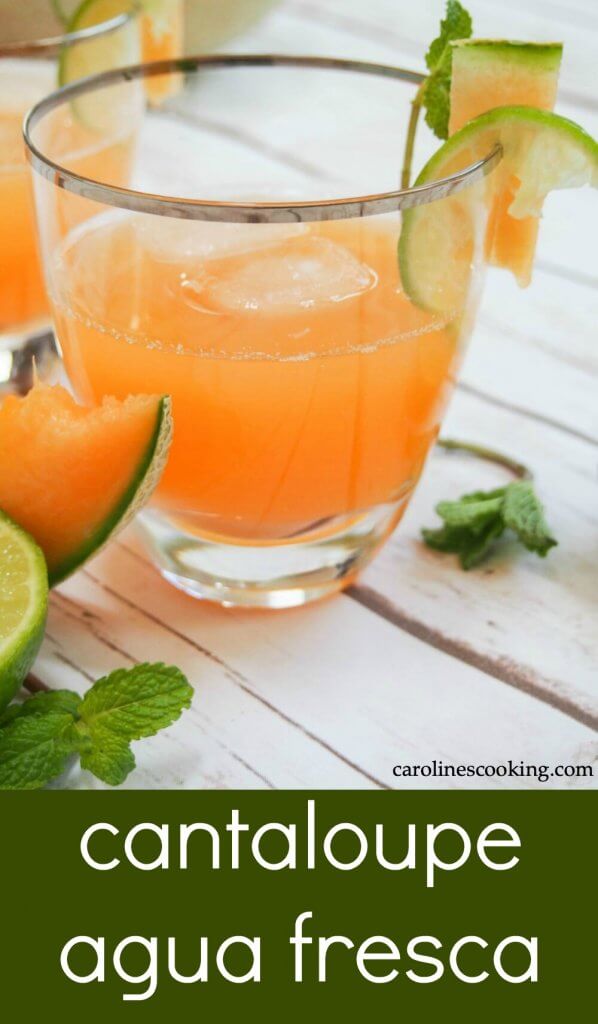 Cantaloupe agua fresca is easy to make and incredibly refreshing. Light and gently fruity, it's a family-friendly drink perfect for a warm day. All you need is cantaloupe, water and lime. It'll quench your thirst on a warm day and is a great, light option alongside a meal. #cantaloupe #drink #mexican #nonalcoholic