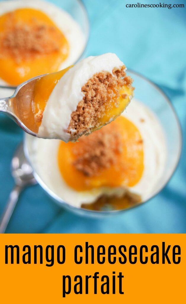 This mango cheesecake parfait is an easy and delicious no bake dessert. Only 5 ingredients and a few minutes for dessert deliciousness! #mango #nobakedessert #individualdessert