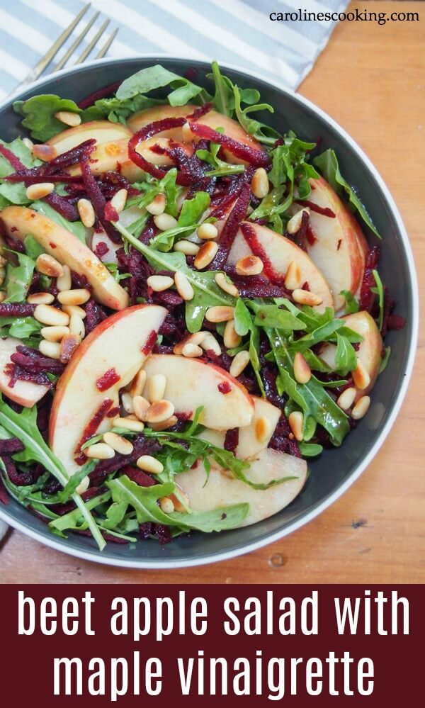 This beet apple salad with maple vinaigrette is incredibly easy to make and packed with autumnal flavor. Crunchy, flavorful and great as an appetizer or side.