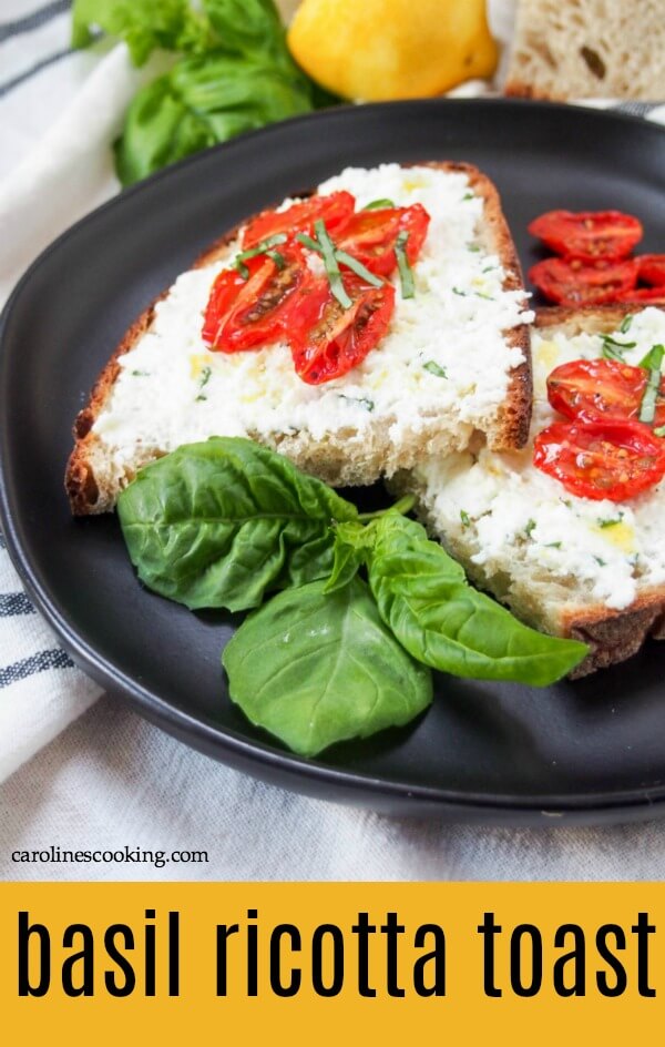 This basil ricotta toast elevates the basic ricotta toast idea, but still takes no time to make. It's delicious as a simple, fresh and tasty snack or lunch. #ricottatoast #lunch #5minutelunch