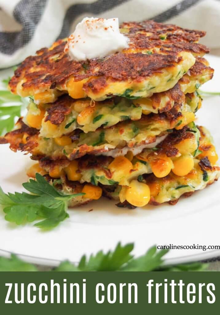 These zucchini corn fritters combine two summer favorites into an easy, delicious appetizer or side. Crisp on the outside, soft inside, they're flavor-packed little bites. Using easy to find ingredients, with lots of tips to help them work out every time, these fritters are also easily adapted to be gluten free. #fritters #corn #zucchini #appetizer #sidedish #vegetarian