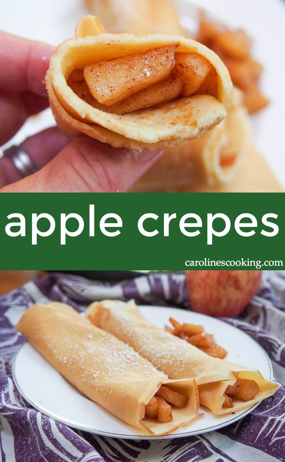 Apple Crepes: These light crepes are filled with a gently sweet, cinnamony apple filling - a delicious taste of fall!  Easy to make, and perfect for dessert, brunch, or a tasty snack.  #apple #brunch #dessert #crepes