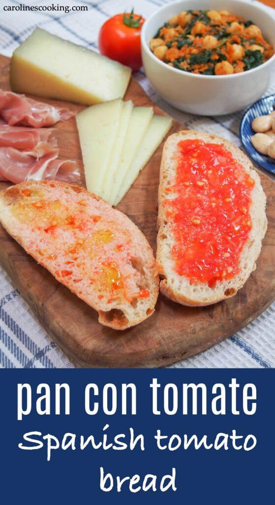 Pan con tomate - "bread with tomato" - is a Spanish tapas classic. It's a super easy combination but it transforms plain old bread into a tasty side or base for an open sandwich.