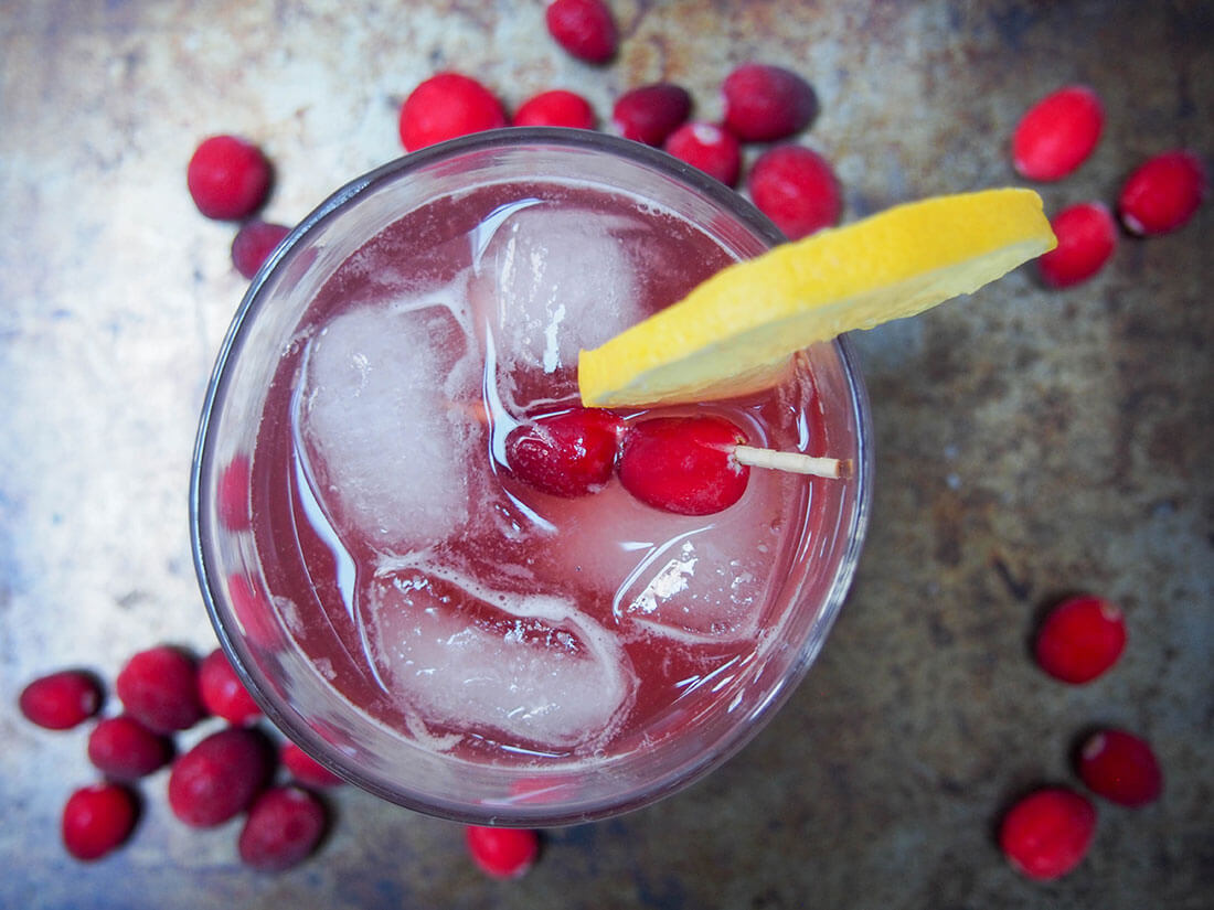 cranberry whiskey sour overhead shot