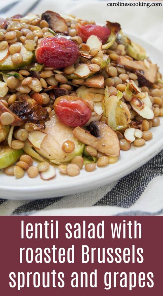 Vegan lentil salad with roasted Brussels sprouts and grapes
