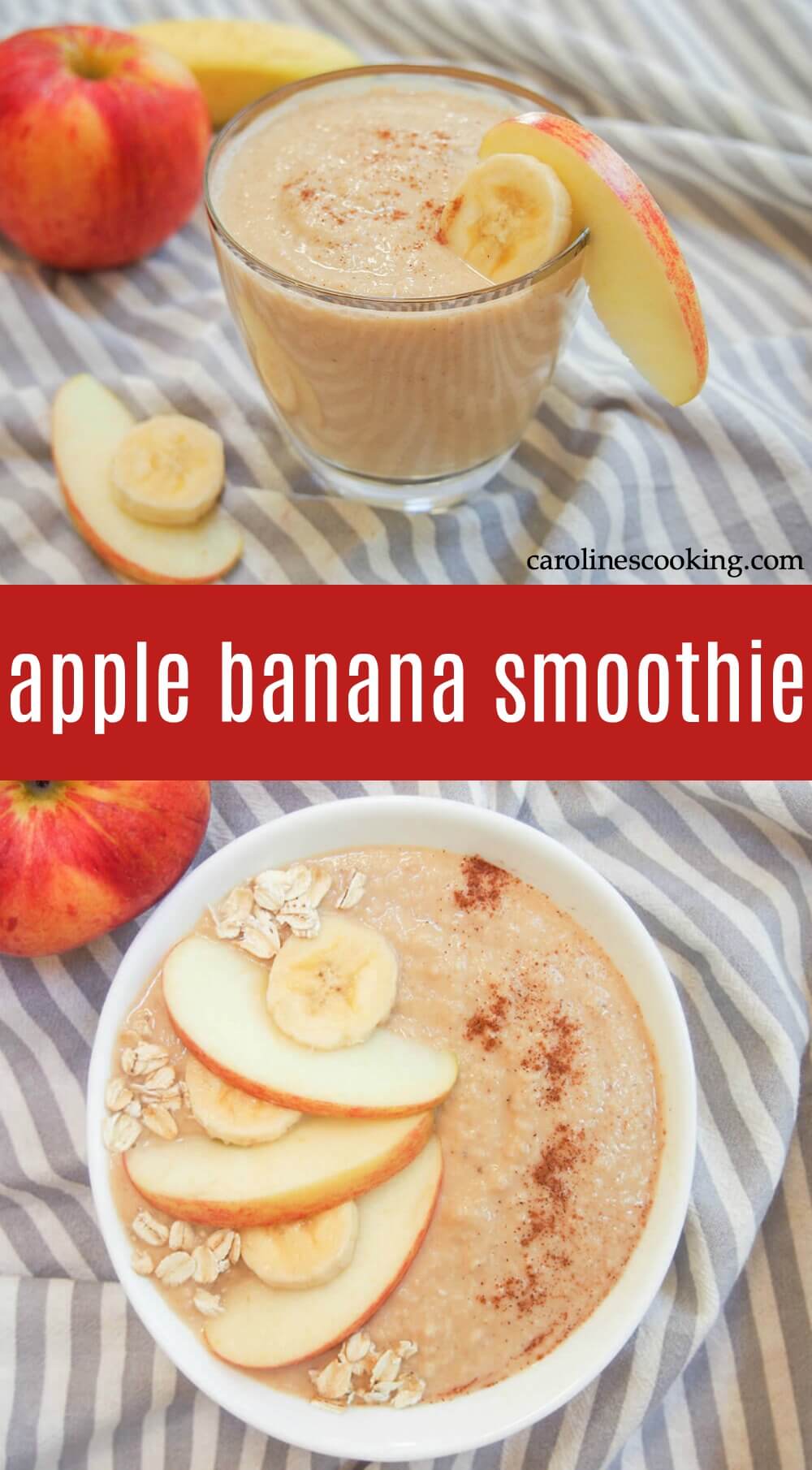 This apple banana smoothie is thick, fruity, and really easy to make using common ingredients.  It's almost like drinking apple pie, but in a much healthier (and quicker) way!  #smoothie #applesmoothie