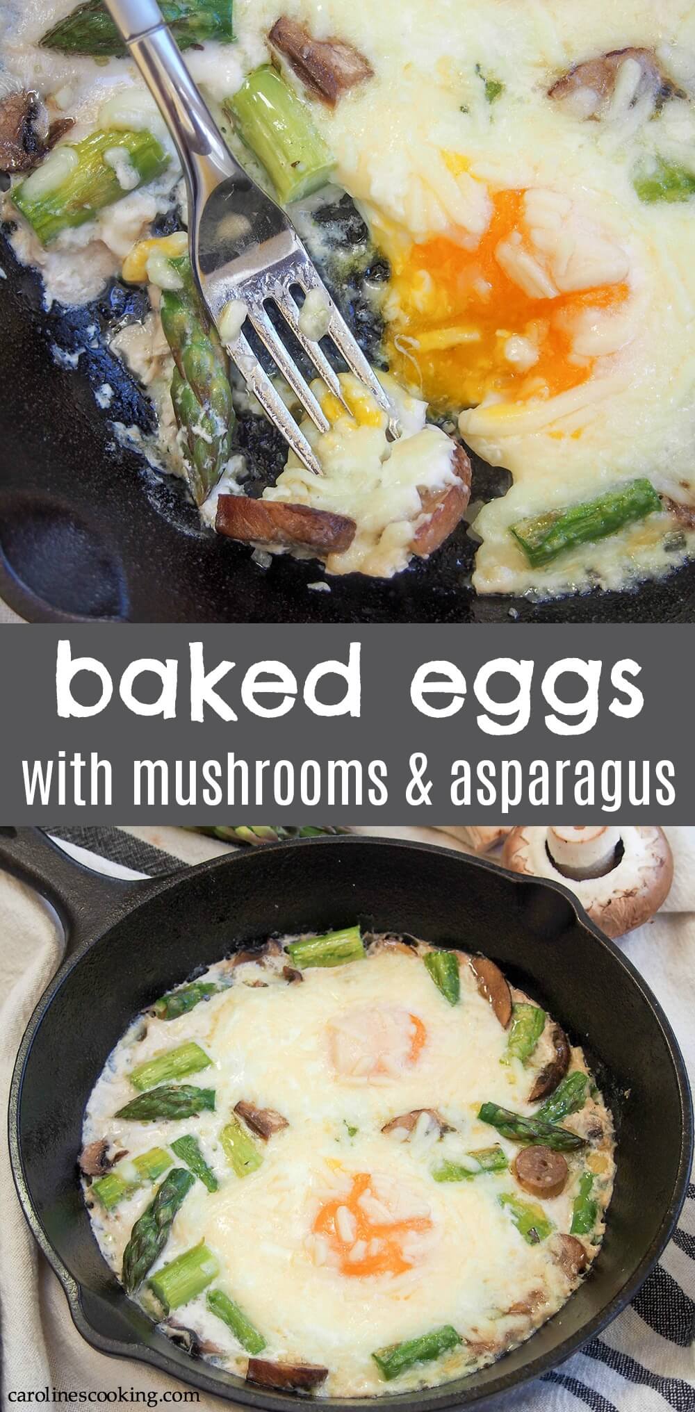 These baked eggs with mushrooms and asparagus are a deliciously comforting and easy one dish brunch.  With a tasty combination of earthy and fresh flavors, it's one you'll come back to again and again.  #brunchweek #ad #bakedeggs #brunch #breakfast #vegetarian #asparagus #mushroom