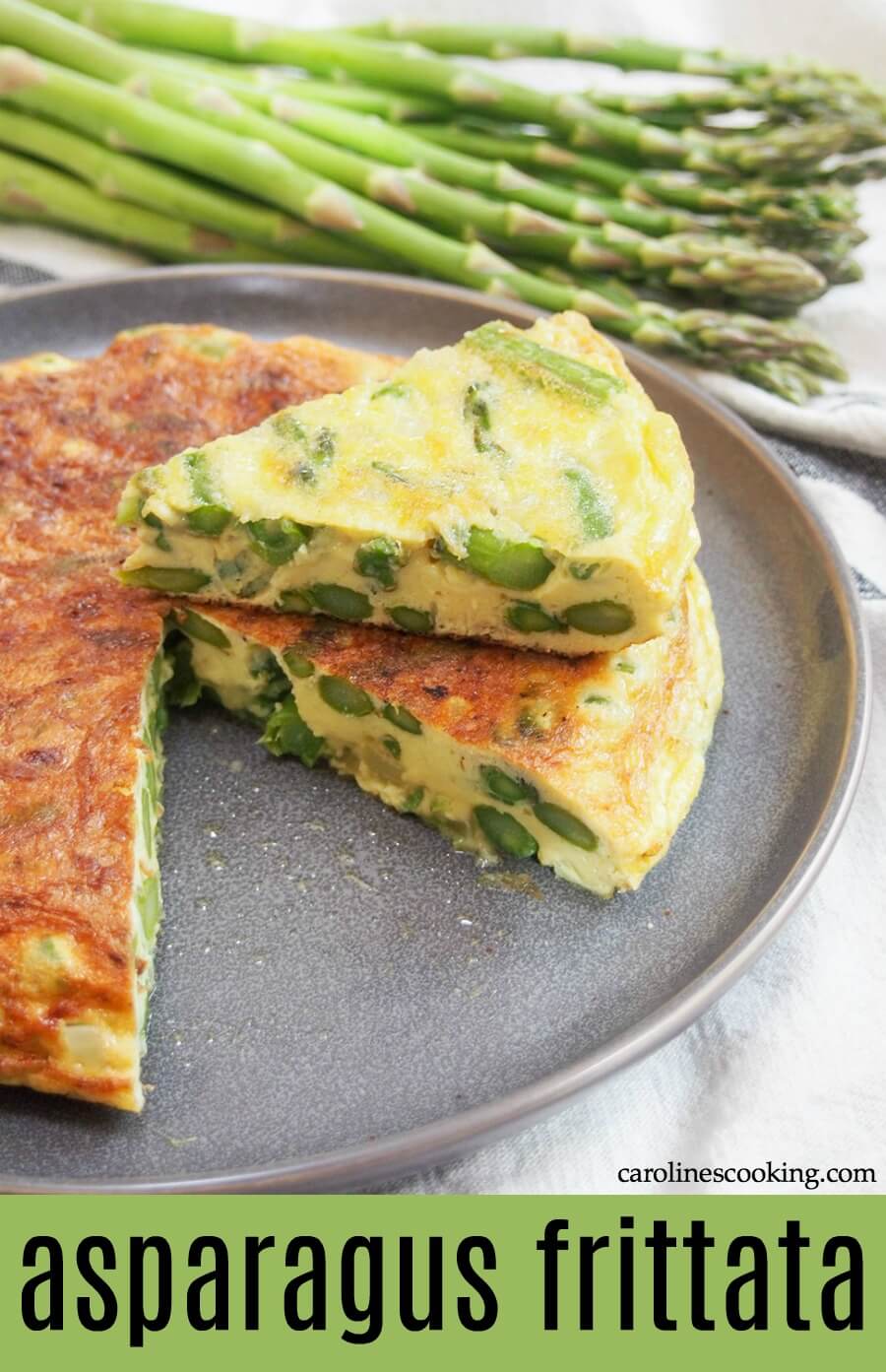 This asparagus frittata is easy to make and the kind of dish that's as good at breakfast as lunch or dinner.  With simple flavors, it's both fresh and comforting - plus easy to adapt too!  Serve as it is, with salad, or as a side along side other hands.  #frittata #asparagus #vegetarian